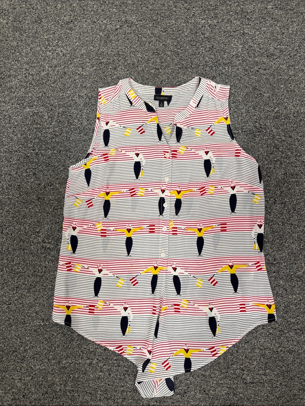 Talbots woman’s Sleeveless Striped Graphic Tank Top - White, Pink, Yellow, Navy